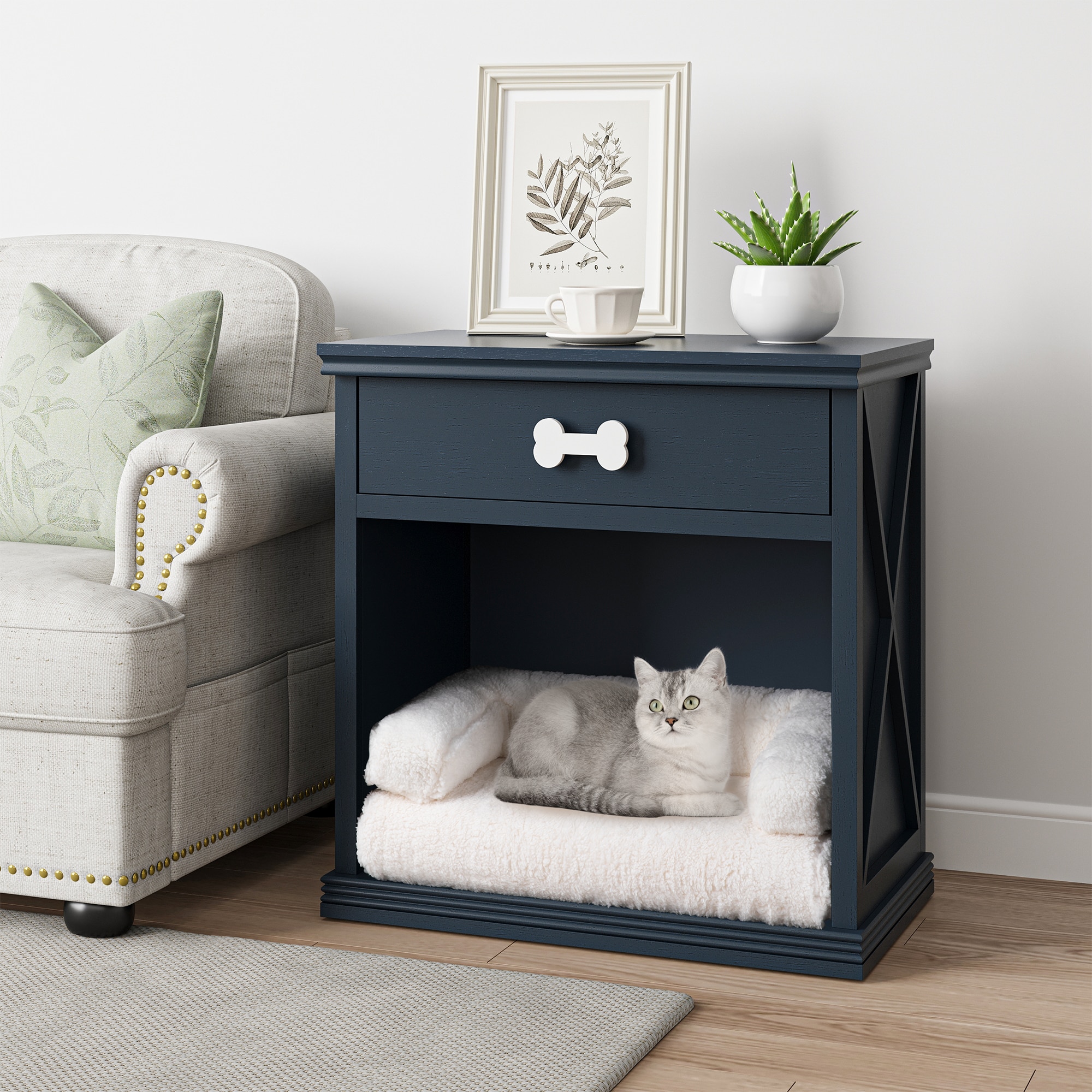 Cat Litter Box Enclosure With Large Drawer And Open Shelf Storage, Multi-functional Bedside Table With LED Light, Modern Nightstand End Table For Living Room, Bedroom, Navy Blue_voghion.com